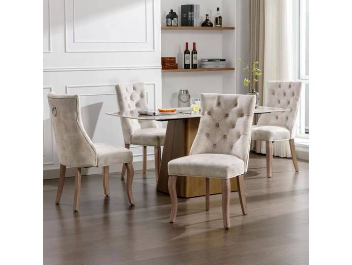 Lot de 4 Chaise de Salle à Manger Moderne Beige Chaise de Cuisine Velours avec Piqûre de Bouton Chaise de Salon Pieds Bois Massif