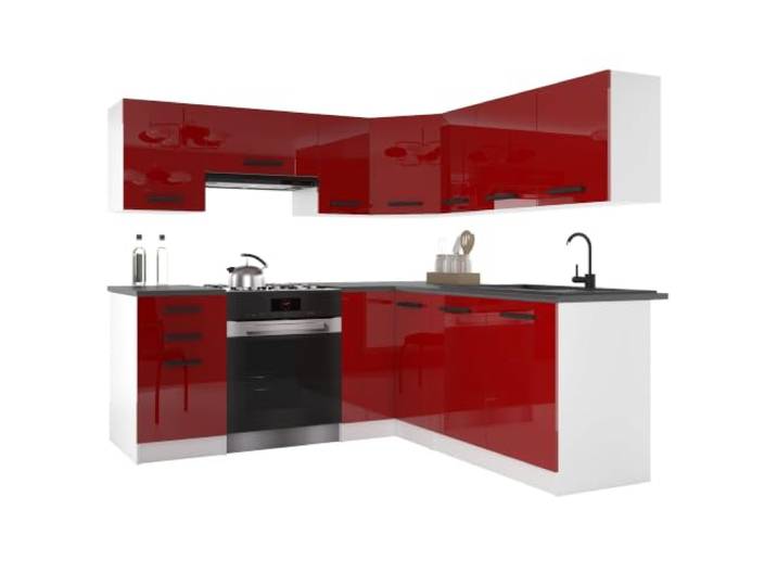 Belini ITALIA 6 Eckküche Küchenblock 360cm Rot Küchenset als Eckküche, weiße Korpusse, DECOR ECONATURA Material, kratzfest, ohne Elektrogeräte, mit Arbeitsplatte