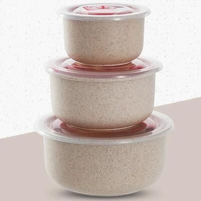 Inspire Select 3 Piece Wheat Straw Fresh Keeping Bowl Set Microwave Safe Round Lunch Boxes With Lids beige