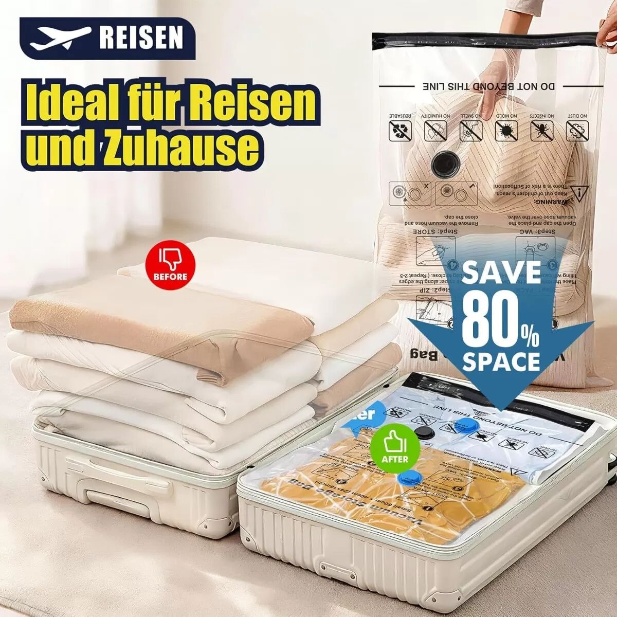 INF Vakuum-Kompressionsbeutel 70x100cm – 10er-Pack mit schwarzem Ventil und manueller Handpumpe, PA+PE transparente
