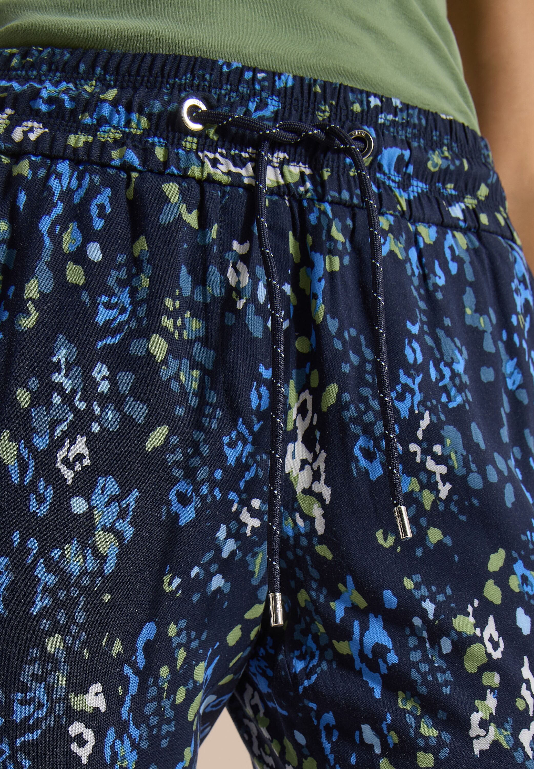 7/8-Hose CECIL "Style Chelsea", Damen, Gr. M (40), Länge 28, bunt (urban dunkelblau), Web, Obermaterial: 100% Viskose, bedruckt, 7/8-Länge, Hosen 7/8-Hose, Sommerhose, grafisches Muster, Elastikbund urban dunkelblau M (40), Länge 28