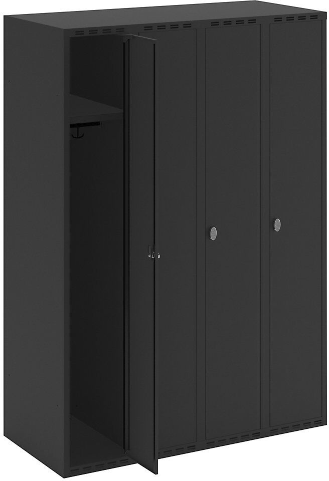kaiserkraft Spind Fydor, 4 Abteile, schwarz, B 1200 mm, flache Dachform, Vorhängeschloss