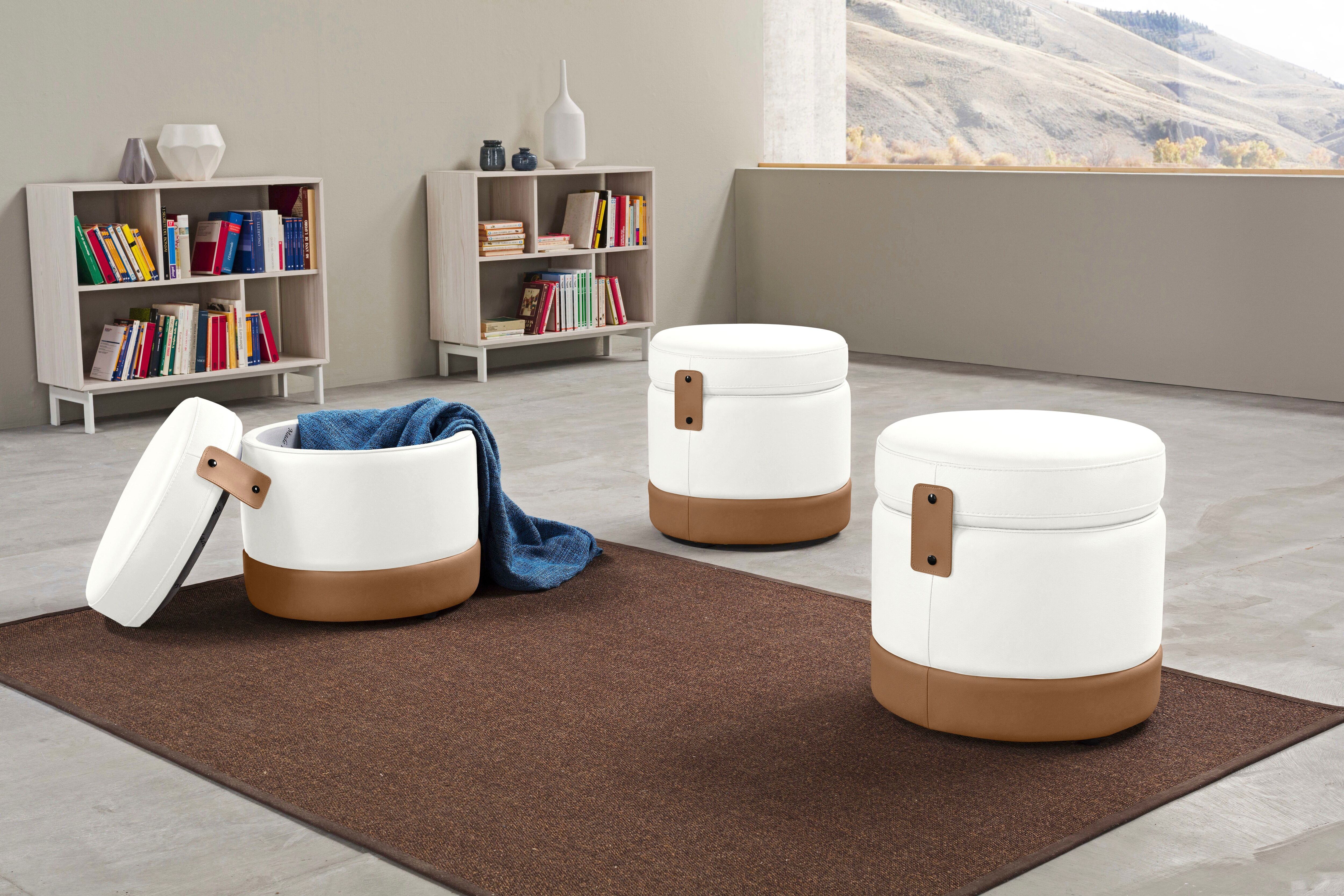 Hocker EGOITALIANO "Tonder, Designhocker als Blickfang mit tollen Details, B/T 50/50cm", weiss (weiß), B:50cm H:50cm T:50cm, Leder »BULL« (echtes Rindsleder). Geschliffenes, pigmentiertes und behandeltes Rindsleder mit einer Dicke von 1, 3-1, 5 mm. Dieses