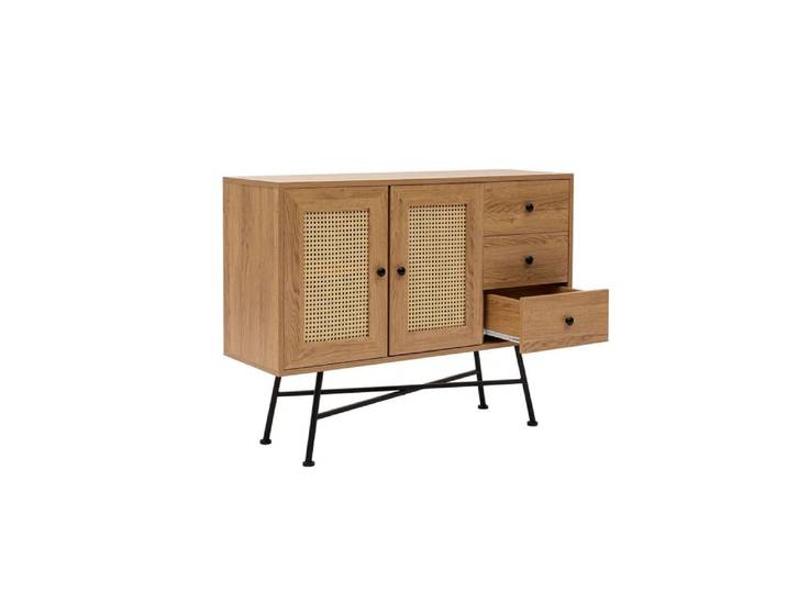 Buffet 2 portes 3 tiroirs 120x40x90 cm décor cannage et chêne