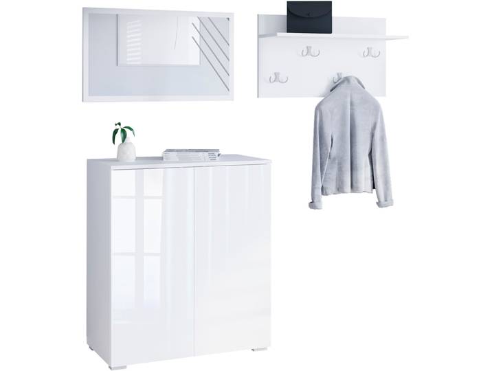 Garderoben-Set GOODPRODUCT PARIS/ TOKYO , weiss (weiß matt, weiß hochglanz), B:150cm H:80cm T:35cm, Kastenmöbel-Sets, Garderoben-Set, Kompaktgarderobe Breite 150cm mit Spiegel für Ihren Eingangsbereich