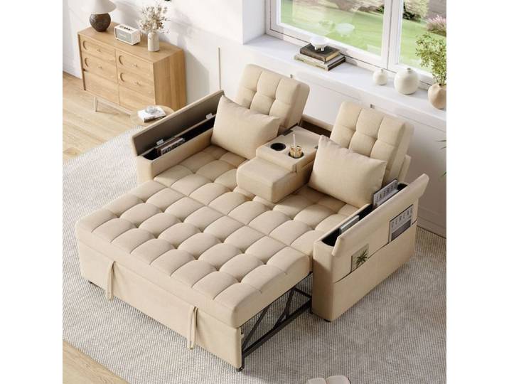 Canapé convertible 2 places avec rangement et dossier réglable Beige