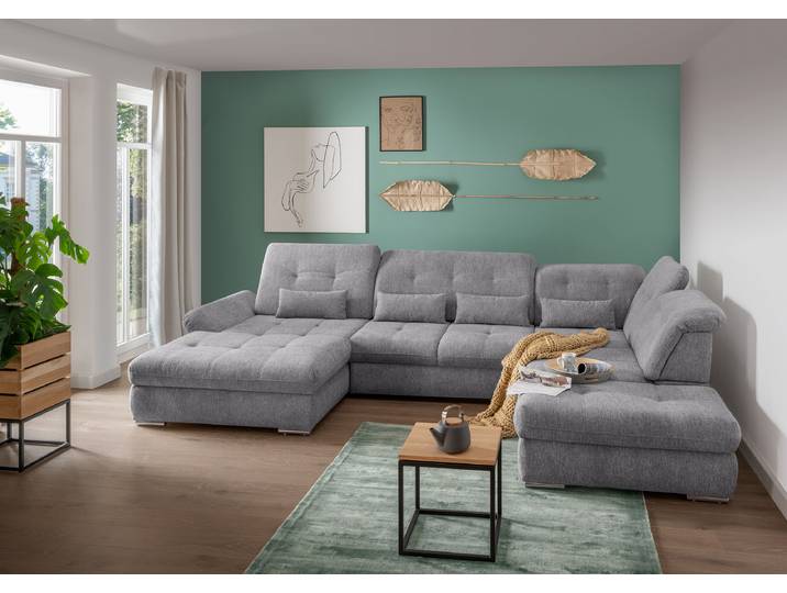 Wohnlandschaft mit Schlaffunktion Grau Webstoff Jimin 376 x 86 x 254cm Longchair davorstehend links / Ottomane rechts mit Schlaffunktion Modern