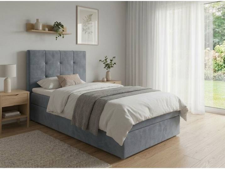 Gepolstertes Boxspringbett DIRELIS TRINITY 90x200 cm grau Matratze: Bonell-Federkernmatratze
