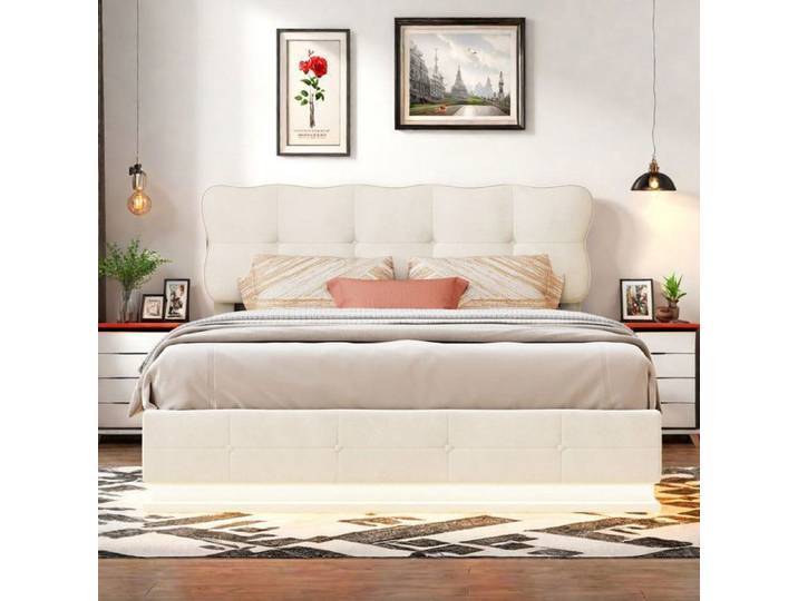 Lit coffre 140x190 cm - Lit double 140x190 cm - Lit 140x190 cm - Beige - Tissu velours - LED intégrée - Rangement hydraulique