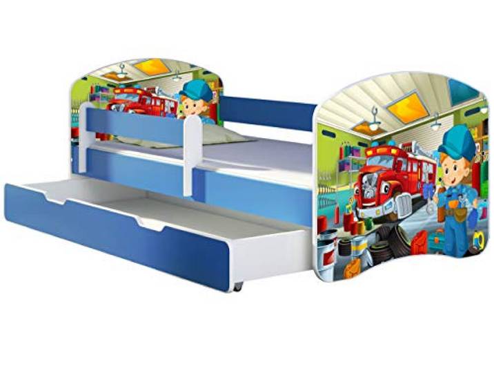 ACMA Kinderbett Jugendbett mit Einer Schublade und Matratze Blau mit Rausfallschutz Lattenrost II 140x70 160x80 180x80 (45 Mechaniker, 180x80 + Bettkasten)