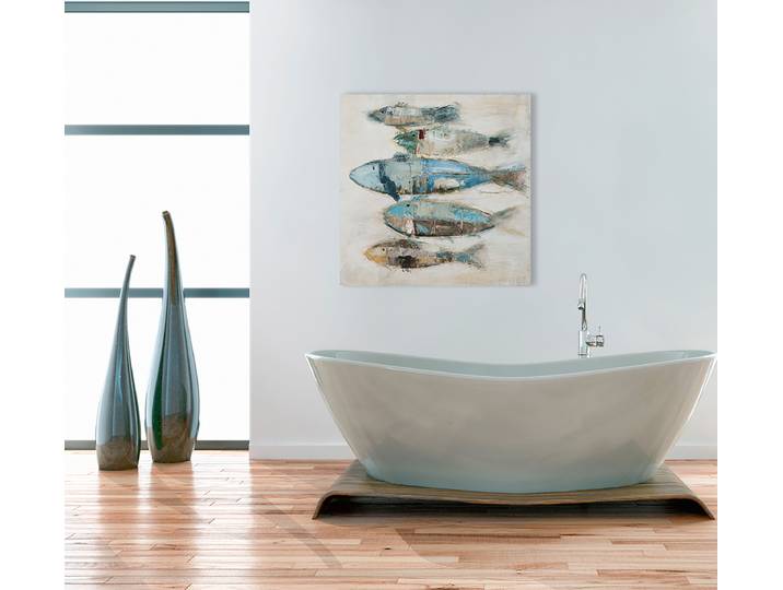 Leinwandbild Fischschwarm Typ B Mischgewebe Blau/Braun/Beige 85 x 80 x 3cm