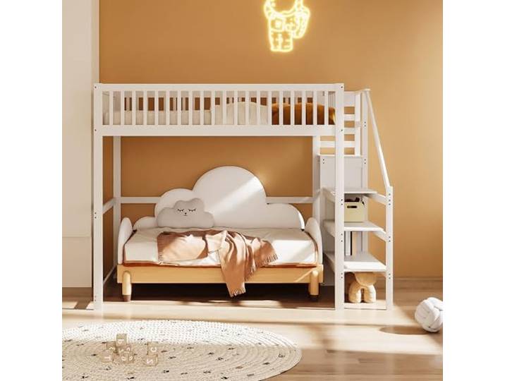 boorbin Hochbett 140x200 mit Treppe, weißes Kinderbett aus Holz mit Aufbewahrungsregal, einfacher Kleiderschrank (Weiß, 140x200 cm)