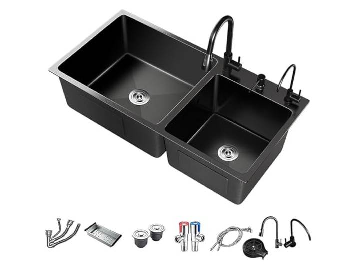 Rottami Schwarze Doppelbecken-Küchenspüle, 78,7 cm, Edelstahl-Spüle, Unterbau, Küchenspüle, Arbeitsplatz, Küchenspüle mit herausziehbarem Wasserhahn und gereinigtem Wasserhahn (77,7 x 42,7 cm)
