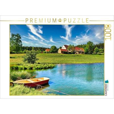CALVENDO Puzzle Weiher mit Boot im Frühling | 1000 Teile Lege-Größe 64x48cm Foto-Puzzle für glückliche Stunden