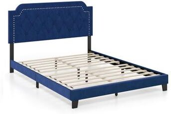 Costway Queen Size Velvet Platform Bed with Button Tufted and Nailhead Trim Headboard-Queen Size
