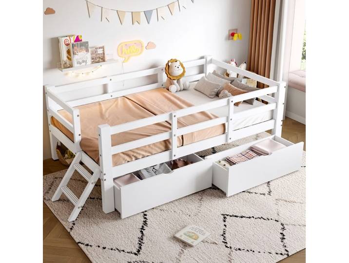 Lit Enfant 90x200 cm Plateforme Bois avec Garde-Corps Semi-Fermé et 2 Tiroirs Blanc