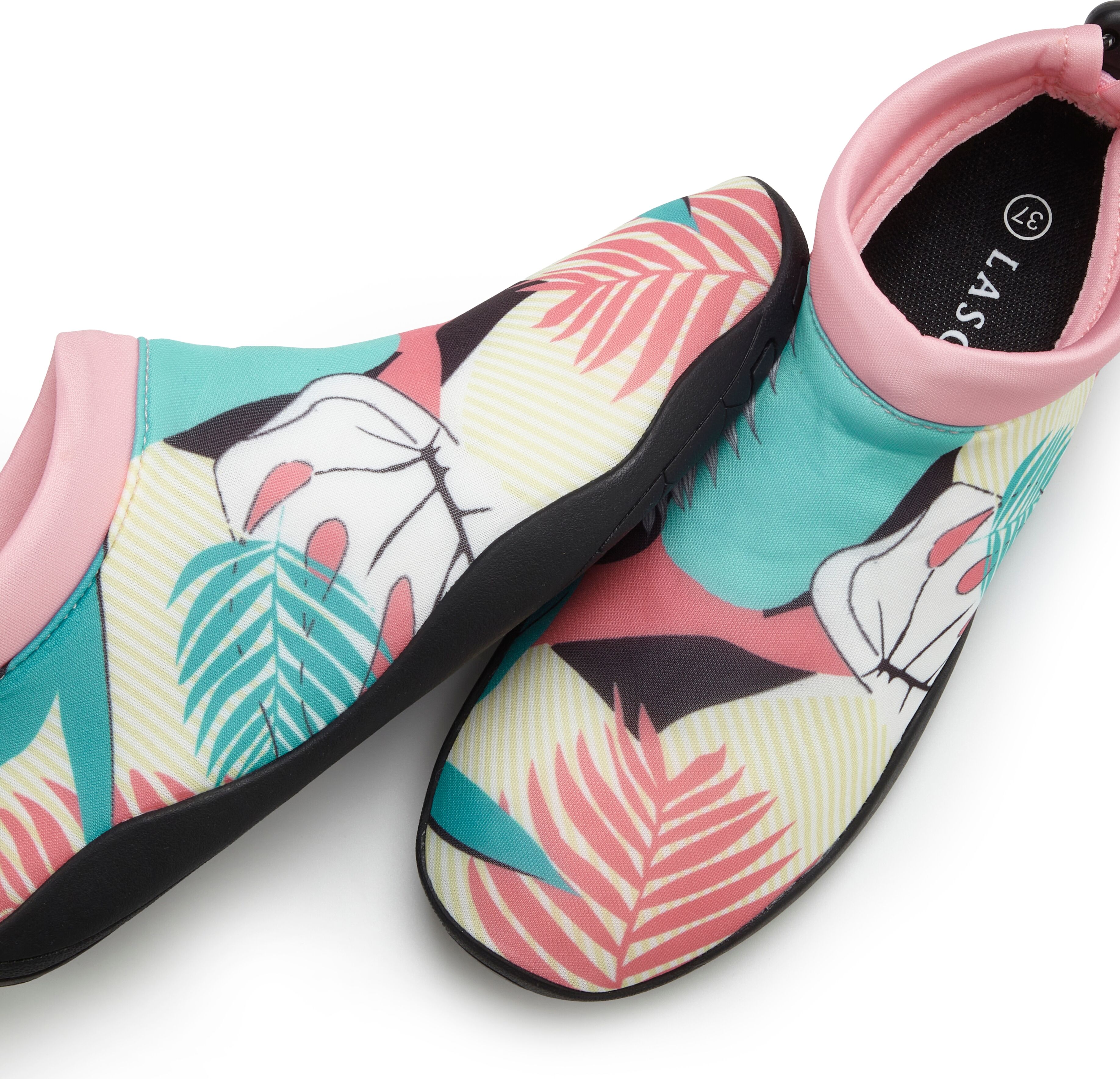 Badeschuh LASCANA "Badelatsche, Badeschuhe", Damen, Gr. 43, Synthetik, bunt (schwarz), Obermaterial: 100% Neopren. Decksohle: 100% Neopren. Futter: 100% Neopren. Laufsohle: 100% Synthetik, bedruckt, Basic, Schuhe Badeschuh, Aquaschuh, Slipper, Wasserschuh