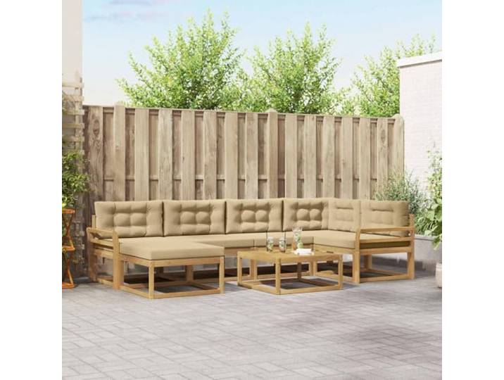 RJPLMFV Außensofa, modular, 7-teilig, Weiß / Beige Massives Akazienholz, Lattenrahmen, modernes Design, für Garten, Terrasse, Pool