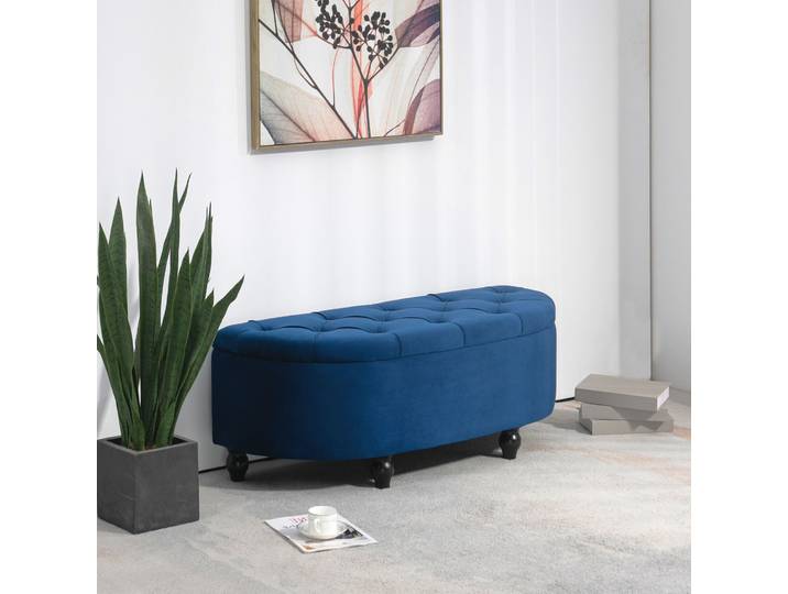 HOMCOM Pouf Rangement Velours Bleu Pieds Bois Noir Capitonné