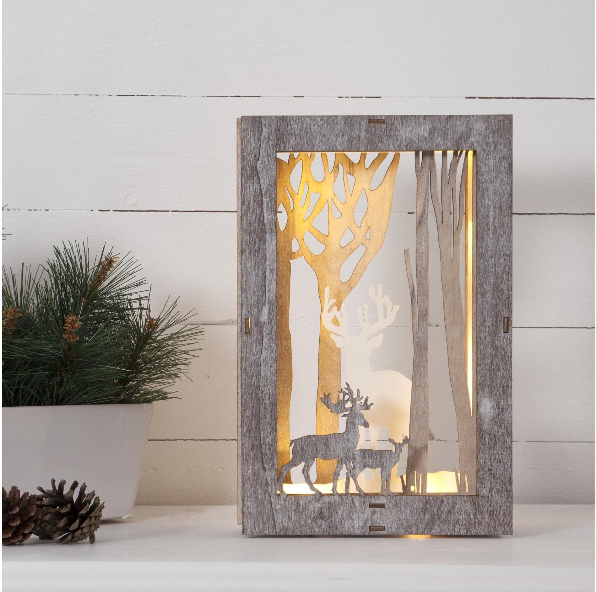 "Fauna Wald mit Hirschen 28 cm, Holz" grau B/H/T: 18cm x 28cm