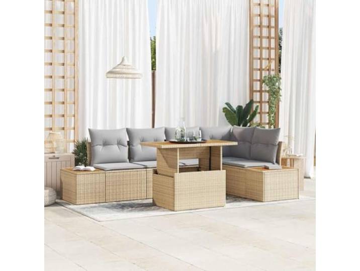 Poly Rattan wetterfestes Esszimmer Set rechteckig Beige 6 teilig Garten-Sofa-Set mit Stauraum 6-teilig Beige Poly Rattan Outdoor Lounge Möbel Sitzgruppe mit Tisch wasserfest Terrassenmöbel