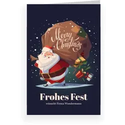 Weihnachtskarte: Santa mit Geschenken in Blau