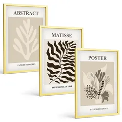 BILDER SET 3er Set - 40x60 cm Goldrahmen - Beige-braune Pflanzenmuster