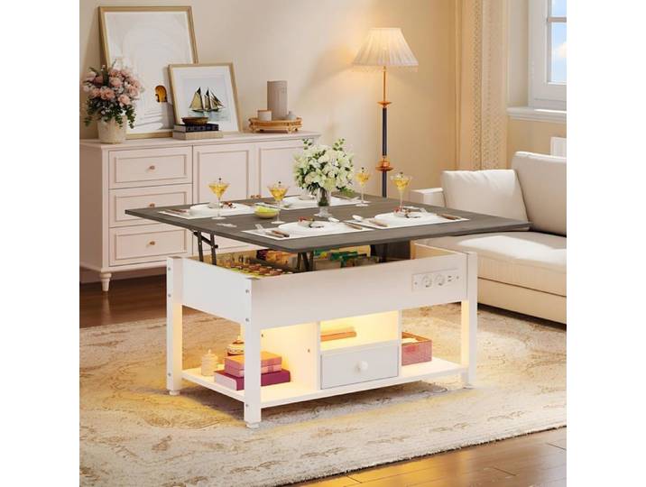 Table Basse À Led Rgb Contrôle Par App Avec Plateau Relevable Table Basse Multifonctionnelle 4 En 1 Pour Salon Bureau Avec Etagère