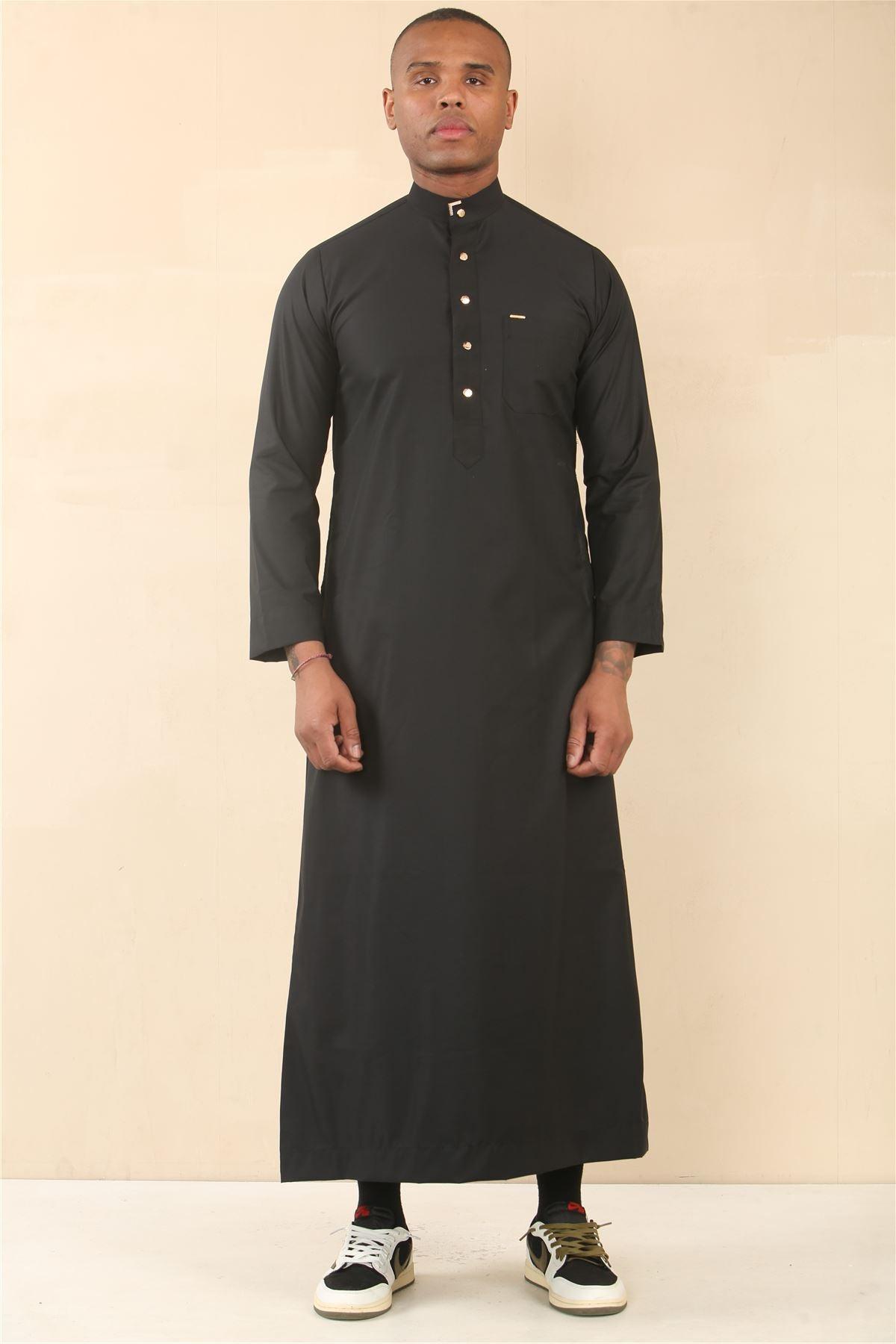 Schwarzer Herren-Thobe, arabische saudi-arabische emiratische islamische Kleidung, Jubba-Robe