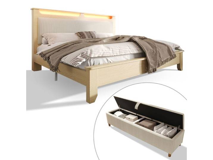 Lit coffre - SOGEU - 160x200 - Coffre XL - Tête de lit LED intégrée - Banquette rangement beige