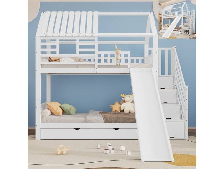 DRIPEX Lit superposé 90x200cm avec toboggan pour enfant lit avec tiroirs de rangement Blanc