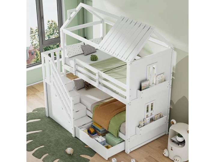 Lit mezzanine - 90x200cm - superposé - avec toit - escalier de rangement - tiroirs et étagères - lit pour enfant multifonctionnel