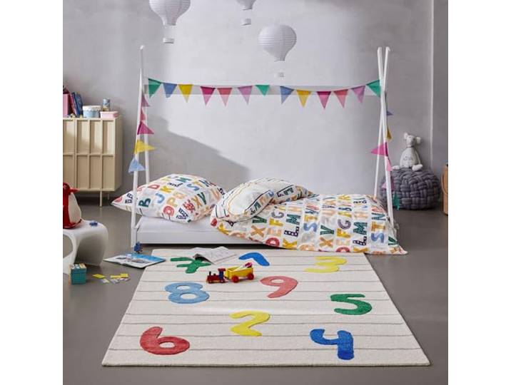 Wecon Home Kinderteppich Countdown, 200 x 290 cm, beige Bunt & hochtief Effekt, Aus Schurwolle Weich & pflegeleicht für Kinderzimmer