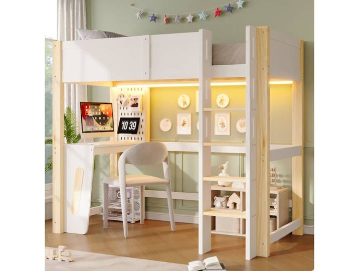 Modenuit Lit mezzanine 90 x 200 cm avec bureau panneau perforé et bande LED pin et MDF