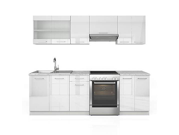 Vicco Küchenzeile R-Line, Weiß Hochglanz/Weiß 240 cm AP Marmor, mit modularen Elementen flexibel kombinierbar