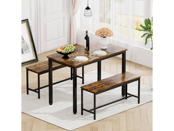 Ensemble de table à manger industrielle avec 2 bancs 110x60x75cm, table de cuisine marron rustique avec bancs, table de petit-déjeuner pour salon
