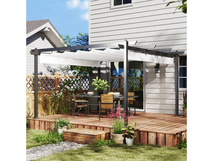 Outsunny Pergola 4x4m Auvent Rétractable Aluminium Blanc