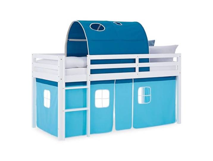 Homestyle4u Hochbett 90x200 Blau - Kinderbett mit Vorhang & Betttunnel Kiefer Massivholz Spielbett mit Rausfallschutz & Leiter - Stabiles Kinderhochbett in Hellblau für kleine Abenteurer