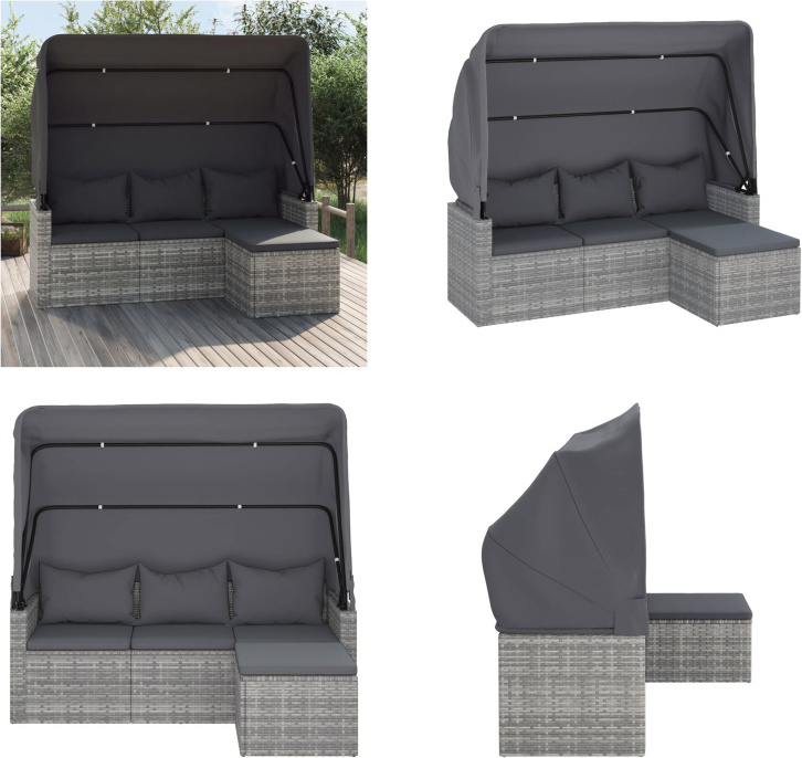 vidaXL 3 Sitzer Gartensofa mit Dach und Fußhocker Grau Poly Rattan - 3-Sitzer Gartensofa - 3-Sitzer Gartensofas - Gartensofa - Terrassensofa