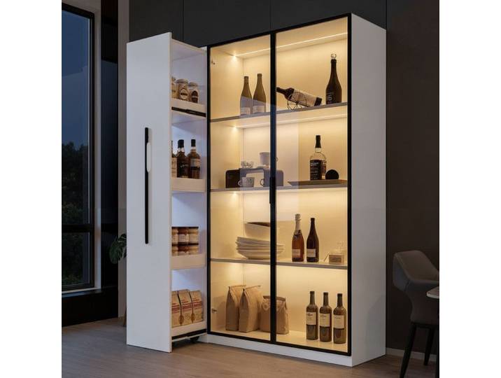 Luscriate - Vitrine en verre LED avec side-drawer verre teinté et LED chaude 110x35x160 cm blanc