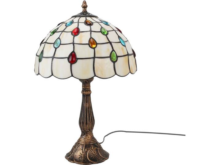 Lampe de table « Valentina » – Style Tiffany rétro avec vitrail baroque blanc et pied en alliage\, Ø30cm