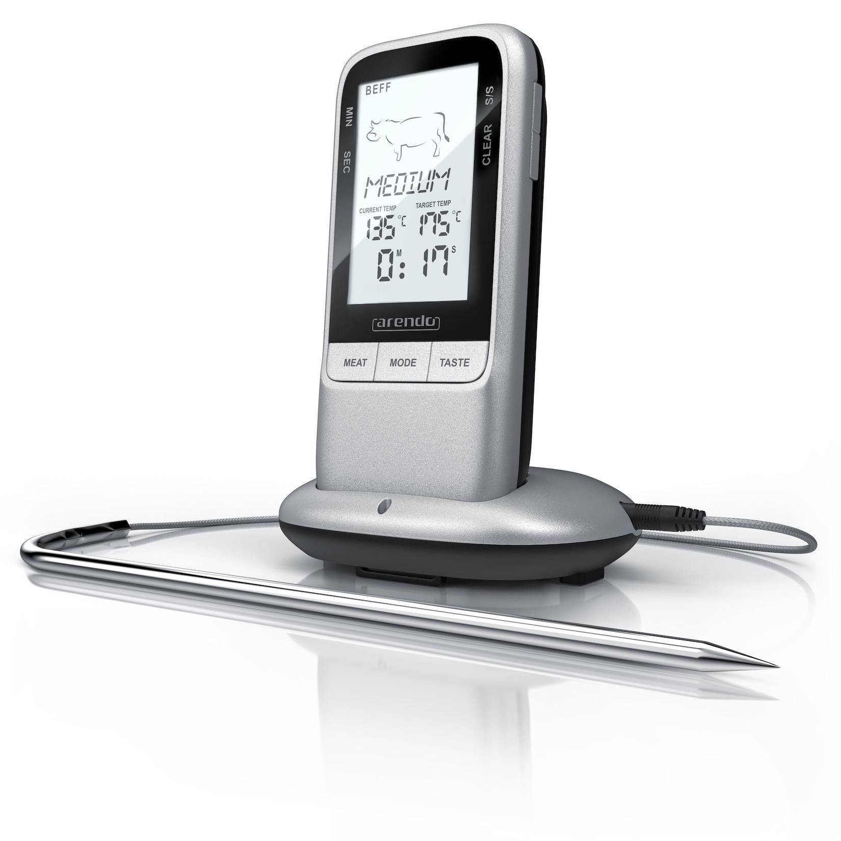 Arendo Grillthermometer digital Funk Kabellos - Fleischthermometer mit Edelstahlsonde - Kerntemperatur - Alarm - BBQ Steak Grill Meat Fleisch