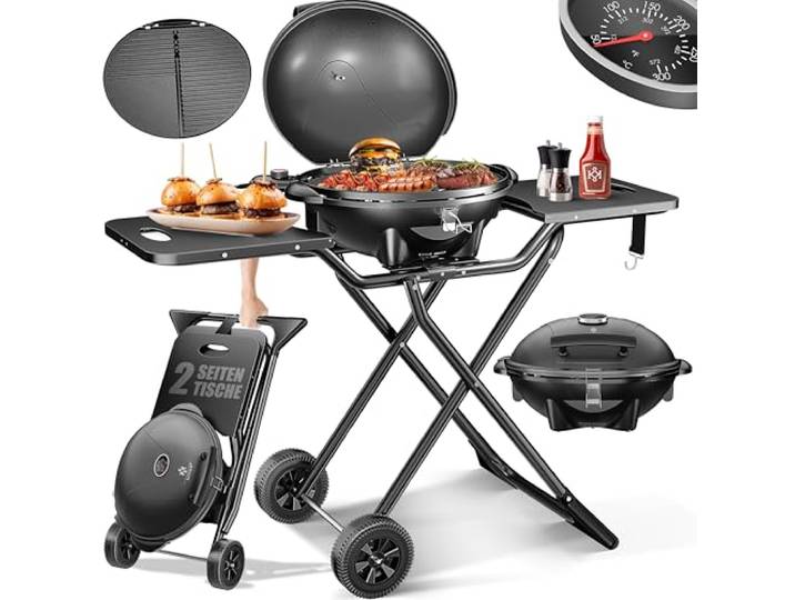 KESSER® Gril électrique Gril de table 2 en 1 Barbecue sur gril avec couvercle et pieds 2400 watts maximum Pliable Thermomètre Revêtement antiadhésif Plaque pour grillade noir