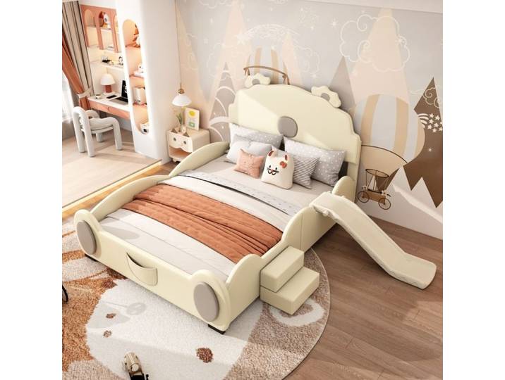 DRIPEX Lit enfant 140x200cm en forme d'ours lit rembourré en PU avec toboggan et échelle Beige