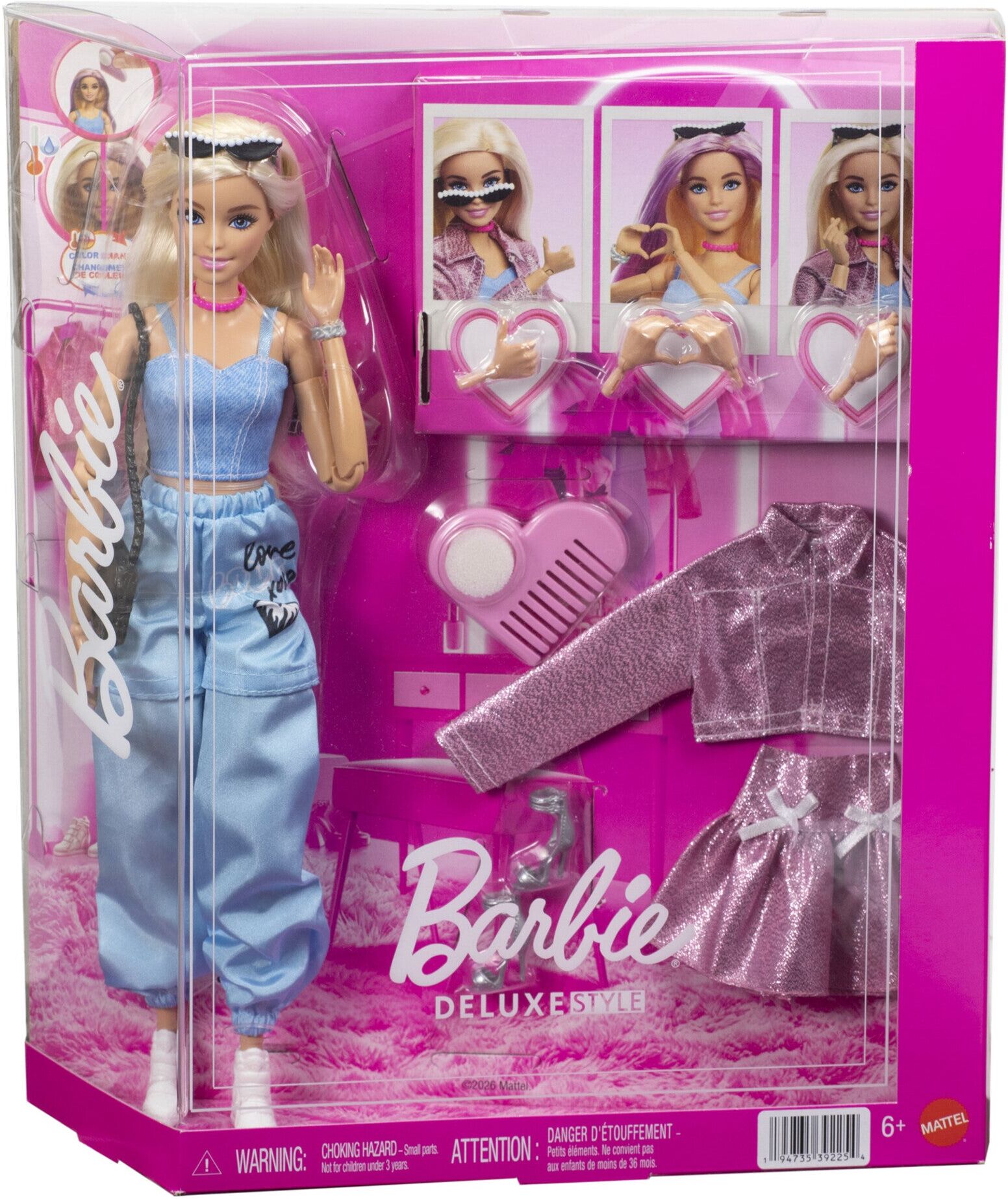 Barbie Deluxe Style You Create Fashion Doll with 4 Fashions and Colour-Changing Hair for Kids, Pink/Blue, 4 fashions, Mattel