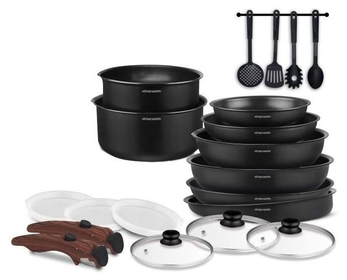 Arthur Martin AM0530 Cookware set van 20 stuks met afneembare handvat, aluminium, antiaanbaklaag, geschikt voor alle kookplaattypes inclusief inductie