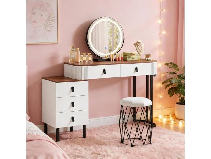 Coiffeuse avec miroir LED – 5 tiroirs – hocker inclus – blanc et marron