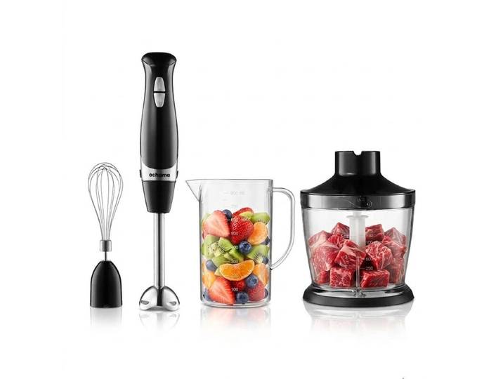 Ochama Staafmixer 600 W, 4-in-1 met Garde, Vleesmolen, 2 Snelheden, Klopt Eiwit en Slagroom, Babyvoeding, Soep, Purees, Afneembaar en Eenvoudig te Reinigen, 500 ml Hakbeker + 800 ml Maatbeker