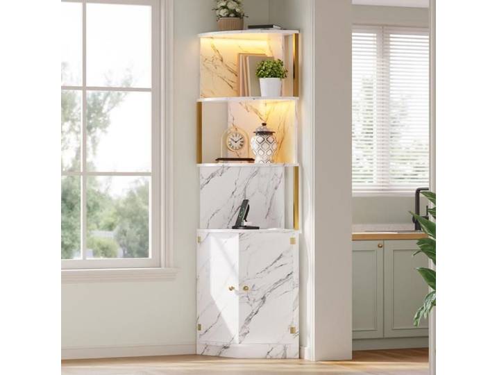 Meuble d'Angle Meuble de Rangement avec éclairage LED et Prises Armoire Haute avec 2 Portes Armoire Multi-usages 38x38x180 cm