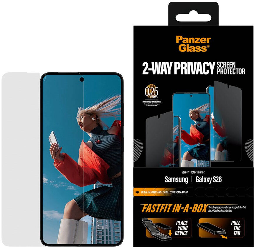 Samsung Galaxy S26 PanzerGlass 2-Way Privacy Skærmbeskyttelsesglas - inkl. FastFit In-A-Box - Gennemsigtig